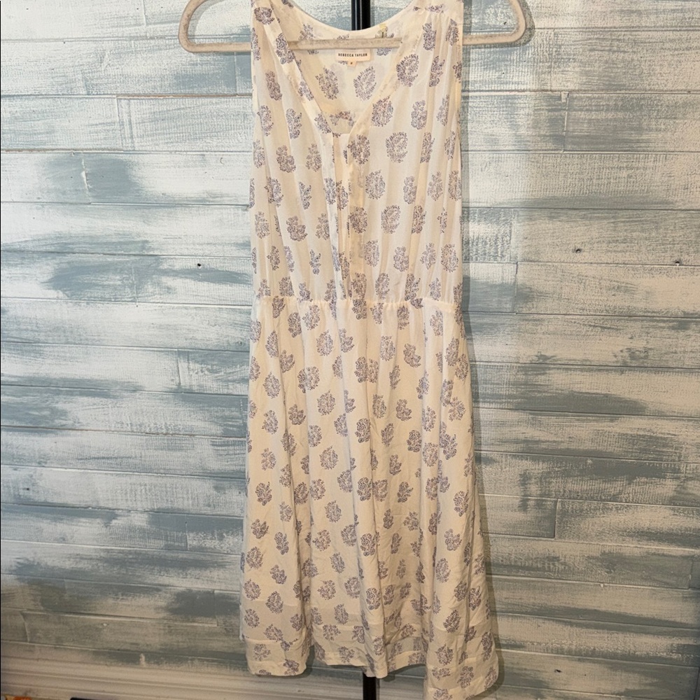 Rebecca Taylor Silk Midi Dress White Blue Floral Sleeveless Size 8 Lightweight